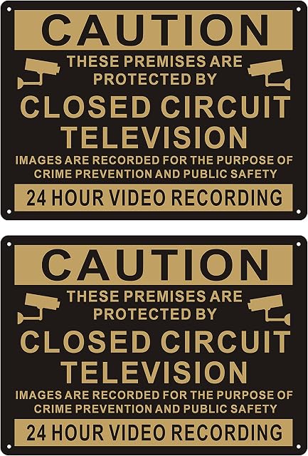 Andchi 2 pcs CCTV Sign for Outdoor, Closed Circuit Signs, Gold & Black Security Aluminium Metal Sign for Home Yard, 24 Hour Video Recording Waring Sign, 14 x 10 inches