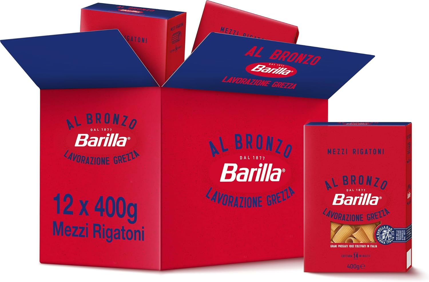 Barilla Pasta al Bronzo Mezzi Rigatoni 100% Grano Italiano, Pasta Trafilata Al Bronzo con Lavorazione Grezza, Ruvidità Intensa, Formato Spesso e Corposo, 12 Confezioni da 400 g - Immagine 1
