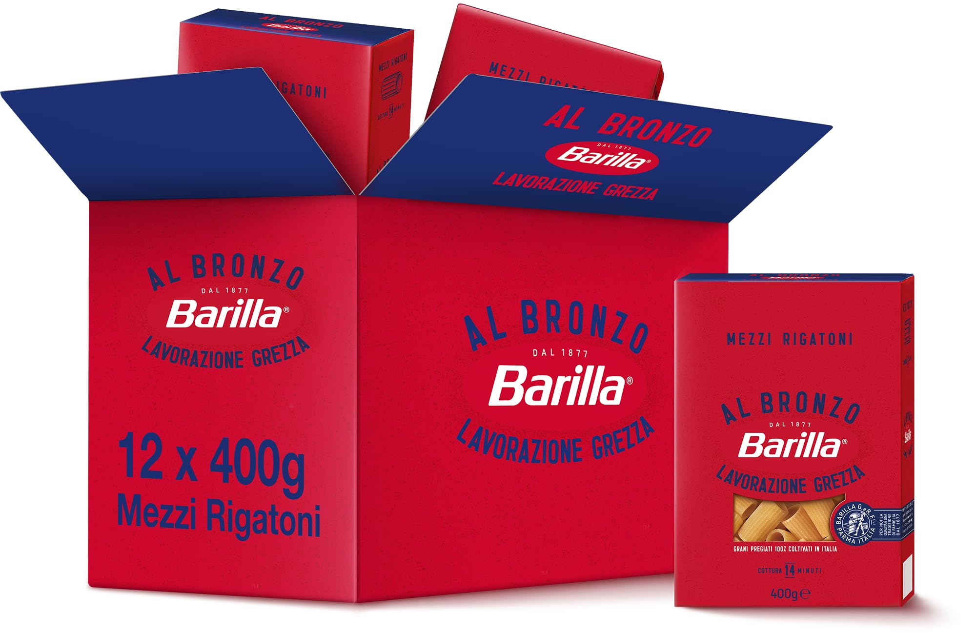 Barilla Pasta al Bronzo Mezzi Rigatoni 100% Grano Italiano, Pasta Trafilata Al Bronzo con Lavorazione Grezza, Ruvidità Intensa, Formato Spesso e Corposo, 12 Confezioni da 400 g