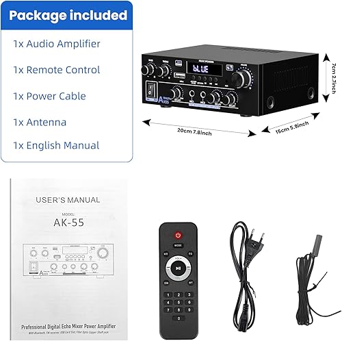 Miniatura 7 de Amplifier Home Audio Stereo 1000W, Bluetooth 5.3 Amplifier for Two 50W x2 Speakers of About 8 Inches, SD Card/USB/MIC, 2.0 Channel HiFi for TV, Home