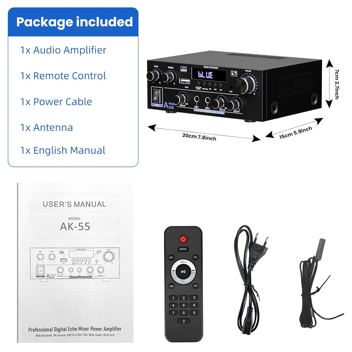 Amplifier Home Audio Stereo 1000W, Bluetooth 5.3 Amplifier for Two 50W x2 Speakers of About 8 Inches, SD Card/USB/MIC, 2.0 Channel HiFi for TV, Home or Your Car (AK55)