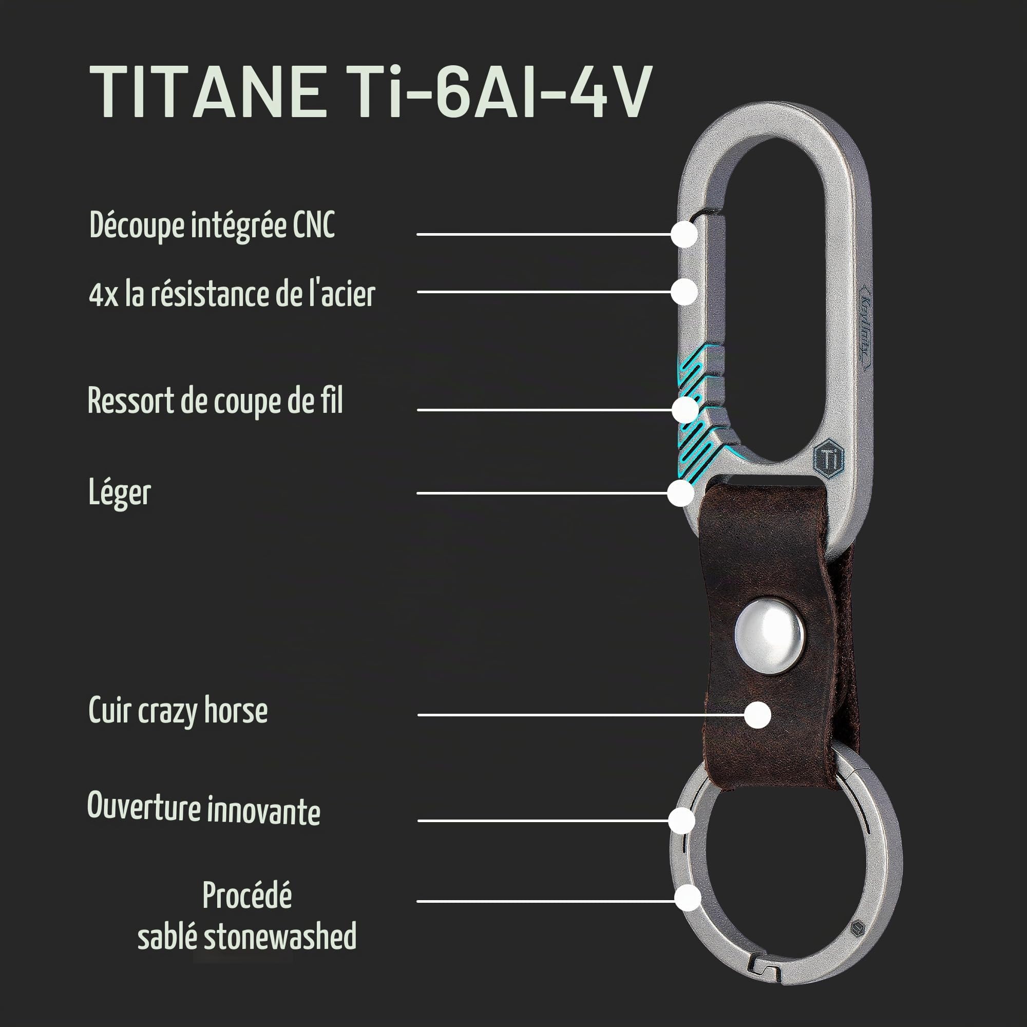 KeyUnity KM02 Clip Ceinture en Titane Mousqueton Porte-clés en Cuir avec Porte-clés Amovible en Acier Inoxydable