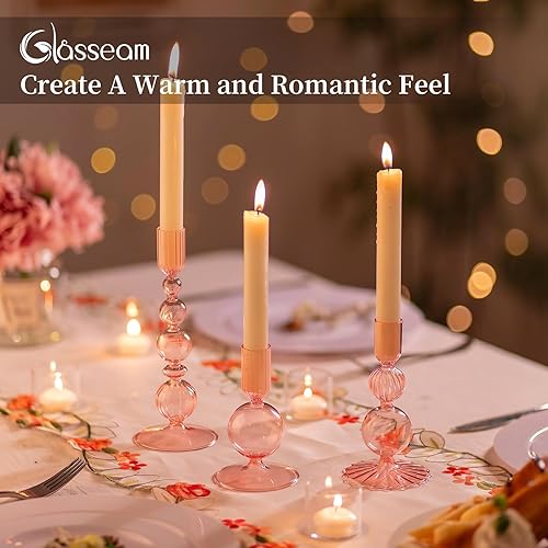 Miniatura 2 de Glasseam Portavelas de cristal rosa portavelas único, juego de 3 portavelas cónicos modernos portavelas decorativos para centro de mesa, fiesta,