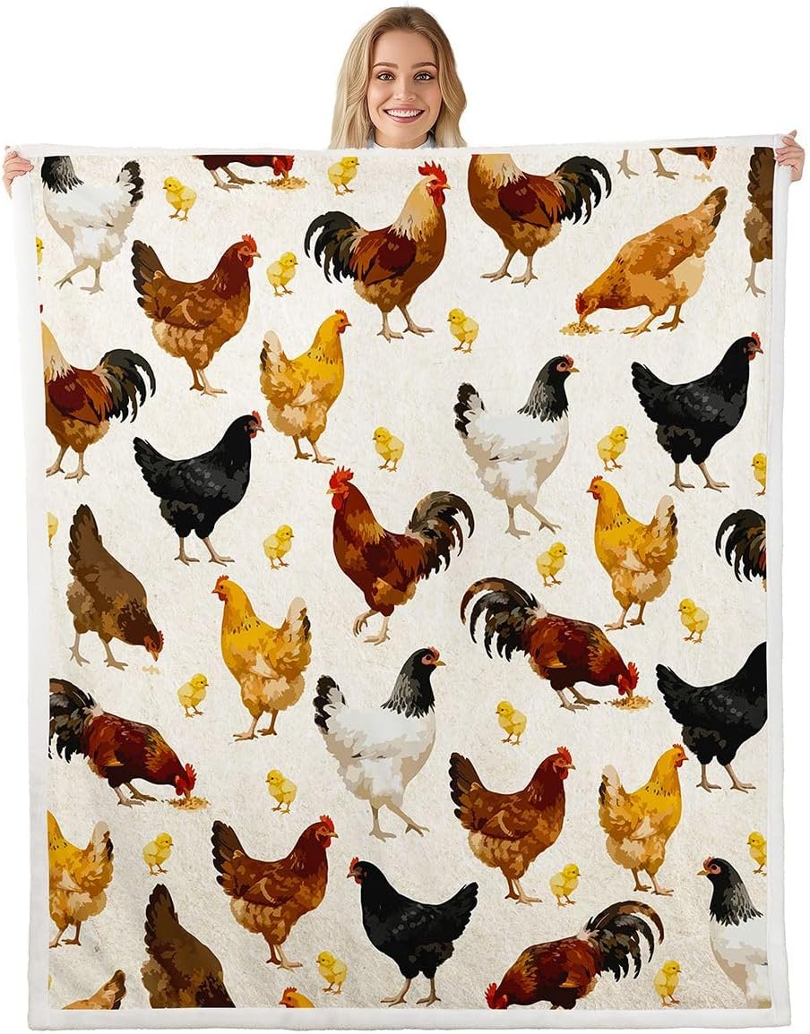 Cute Chicken Bed Blankets Twin 60x80 Inch,Colorful Rooster Throw Blanket for Kids Boys Girls Children Farm Animal Sherpa Blanket Women Men Teens Funny Rustic Farmhouse Fuzzy Blanket for Sofa Bed Couch
