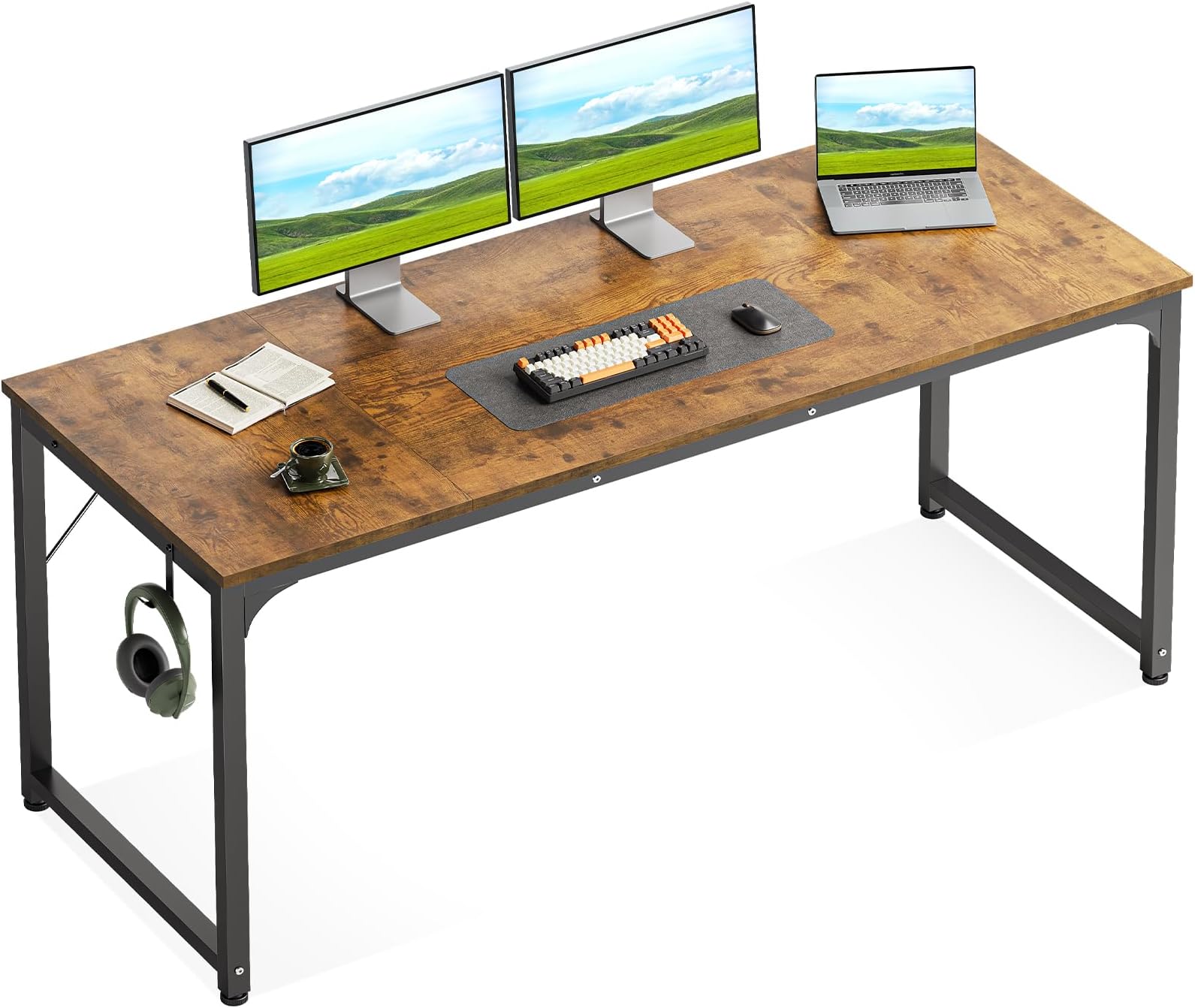 Casaottima 63 Inch Computer Desk for Home Office, Study Writing Table for Small Spaces, Simple Modern Desk with Headphone Hooks, Rustic Brown