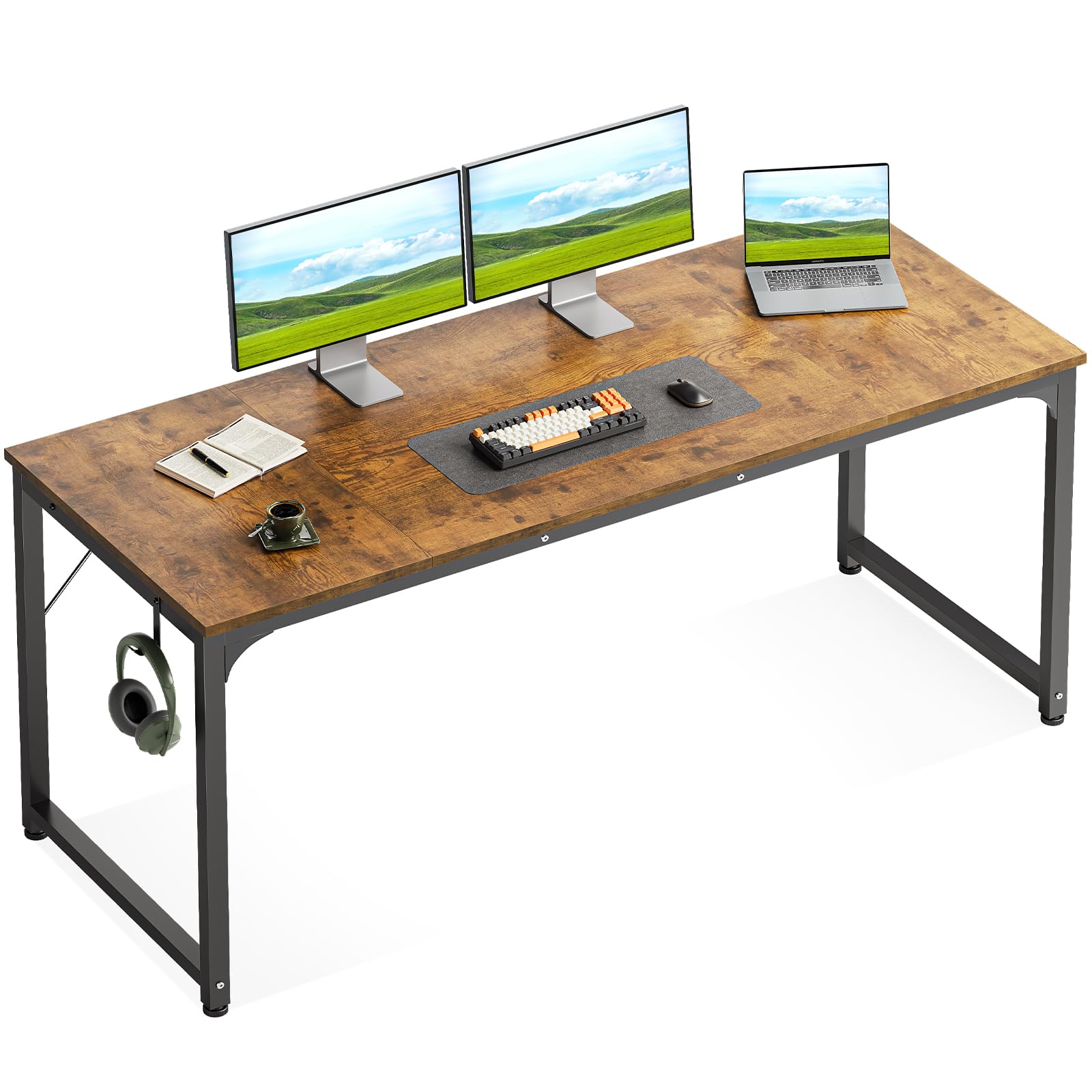 Casaottima 63 Inch Computer Desk for Home Office, Study Writing Table for Small Spaces, Simple Modern Desk with Headphone Hooks, Rustic Brown