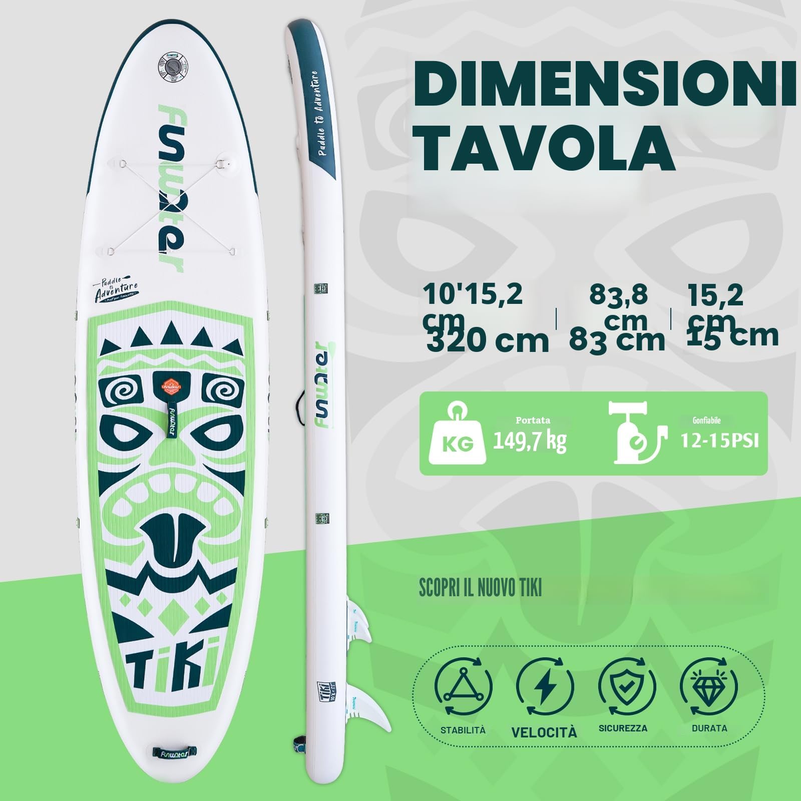 FunWater Tavola da Stand Up Paddle Gonfiabile Surfboard SUP Completo di Accessori, Pagaia Regolabile, Pompa, Zaino, Leash, Borsa Impermeabile, Tavola da Paddle per Adulti