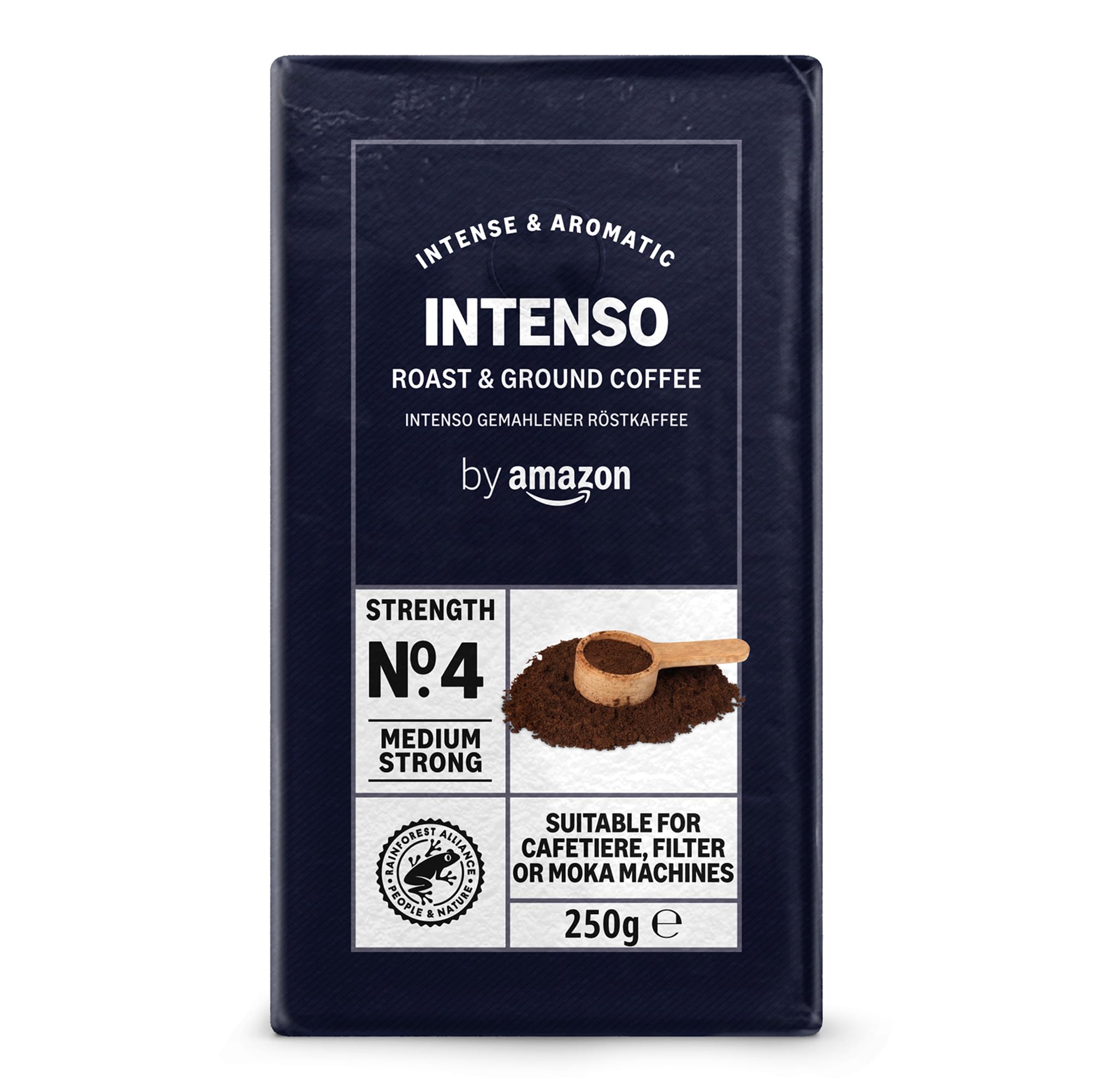 by Amazon Ground Coffee Caffè Intenso, Light Roast,1kg (4 Packs of 250g) - Rainforest Alliance CertifiedRainforest AllianceRainforest AllianceRainforest AllianceRainforest Alliance