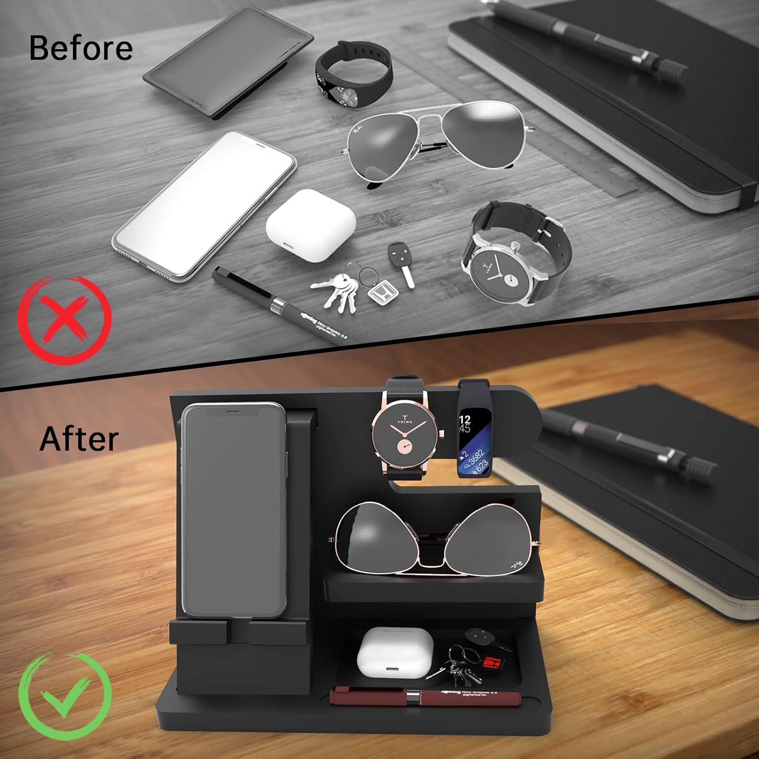 Gifts for Men Wood Phone Docking Station Birthday Gift for Men Valentines Day Gifts Father Gift for Him Boyfriend Nightstand Organizer Desktop Phone Stand Black