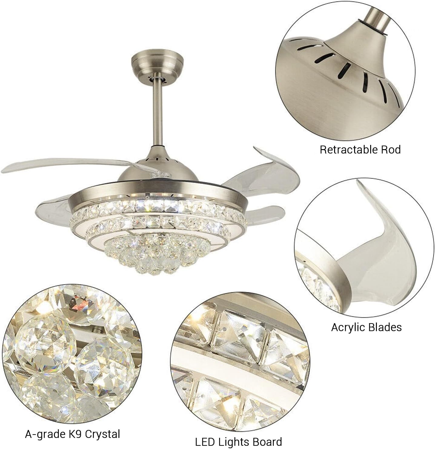 Ceiling Fans with Lights Remote Control- 3 Colors 6 Speeds Crystal Ceiling Fans Light - Retractable Blades Fandelier Fan with Silent Motor, 42in*9.8in