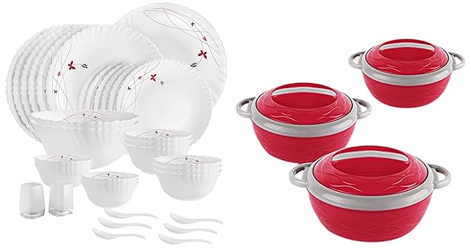 Cello Lush Fiesta Dazzle Series Opalware Dinner Set, 35-Pieces, Service for 6, White & Stainless Steel Hot n Fresh Casserole Set with Inner Steel, Set of 3 (500ml, 1000ml, 1500ml), Red