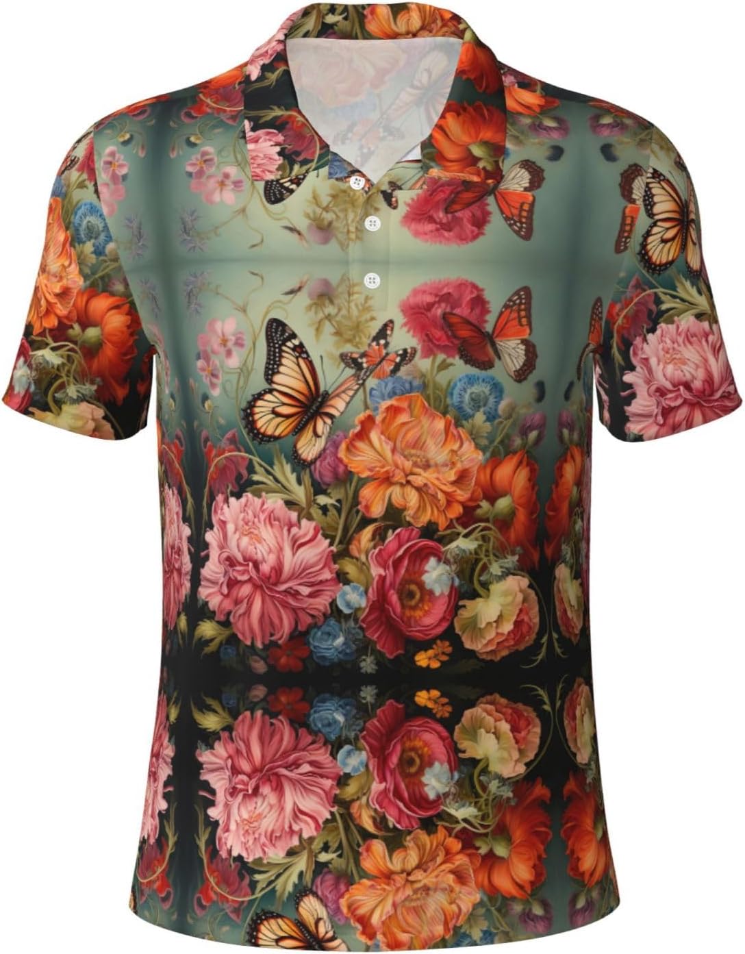 Flowers and Butterfly Print Polo Shirts Short Sleeve,Casual Shirts for Men,Versatile Fashion for All Occasions