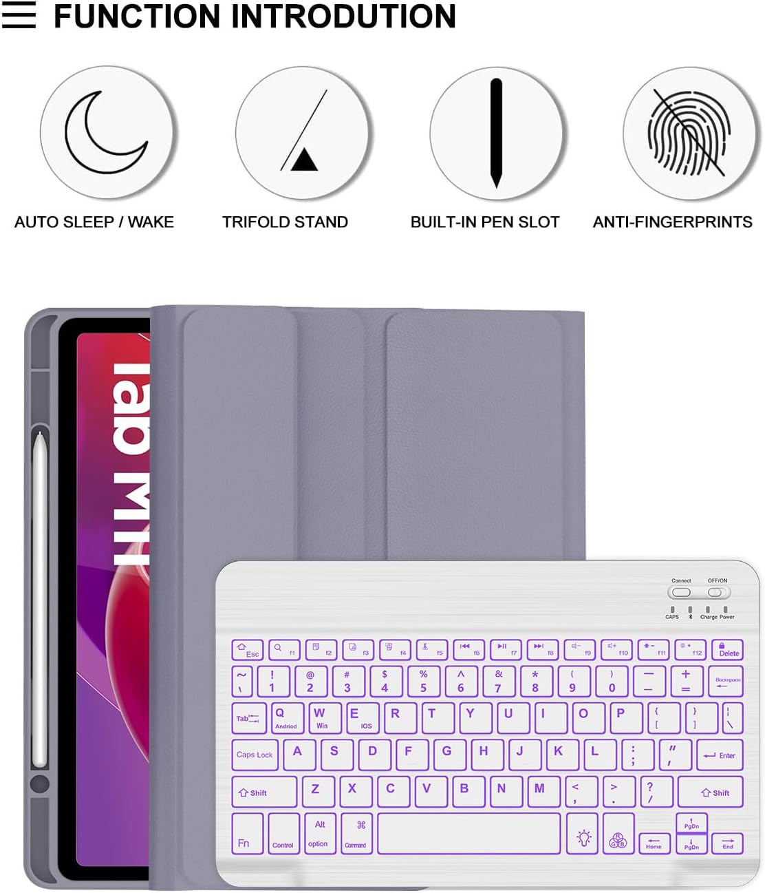 for Lenovo Tab M11 2024 11 Inch Keyboard Case- 7 Colors Backlit Wireless Detachable Folio Keyboard Cover for Lenovo Tab M11 11” TB-330FU Tablet, Pen Holder Slim & Light, Lavender Purple