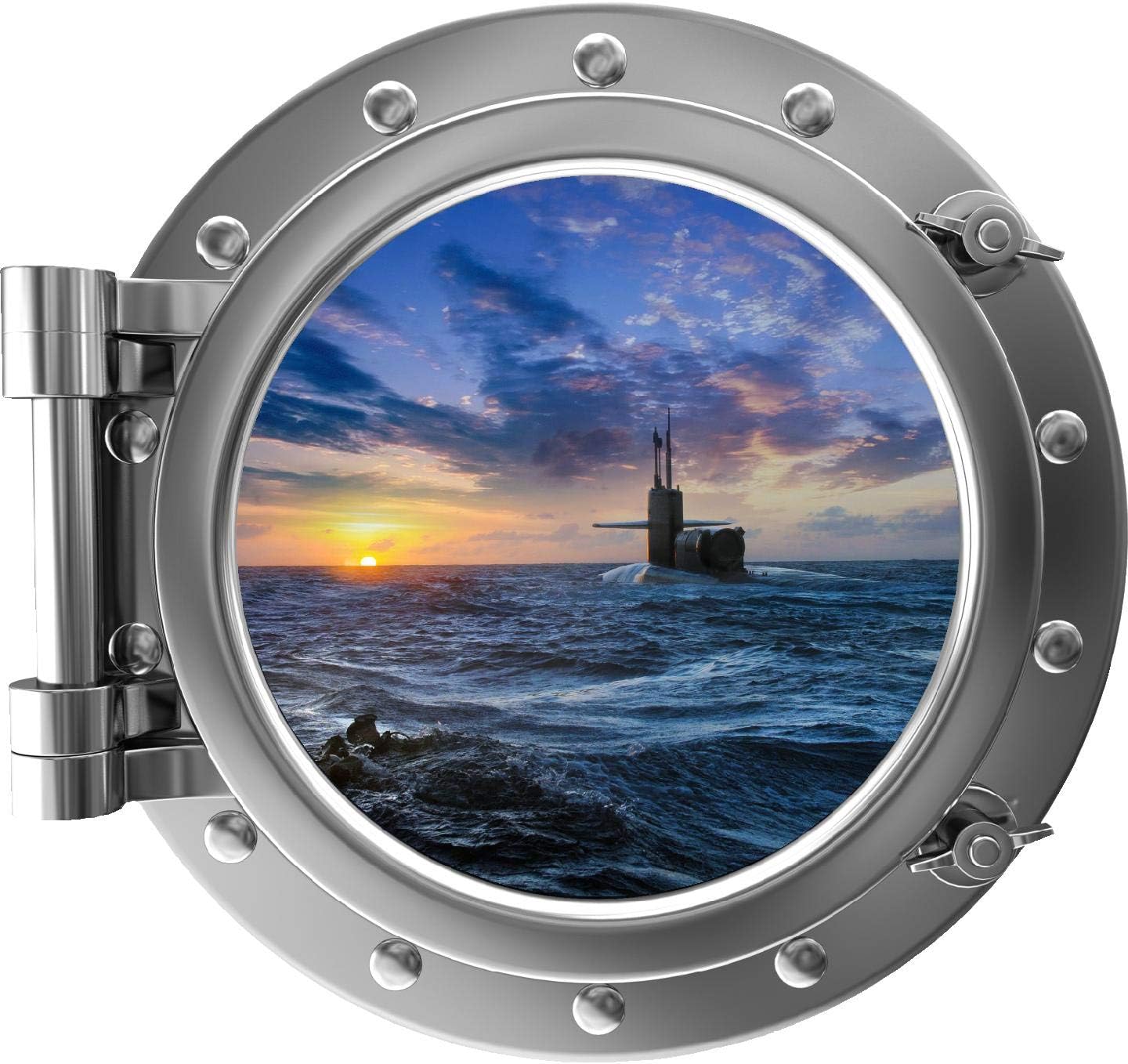 Port Scape Instant Sea Window View Submarine 4 Sunset Silver Porthole Wall Decal Removable Fabric Vinyl Wall Sticker Nautical Wall Art Decor 18 inch