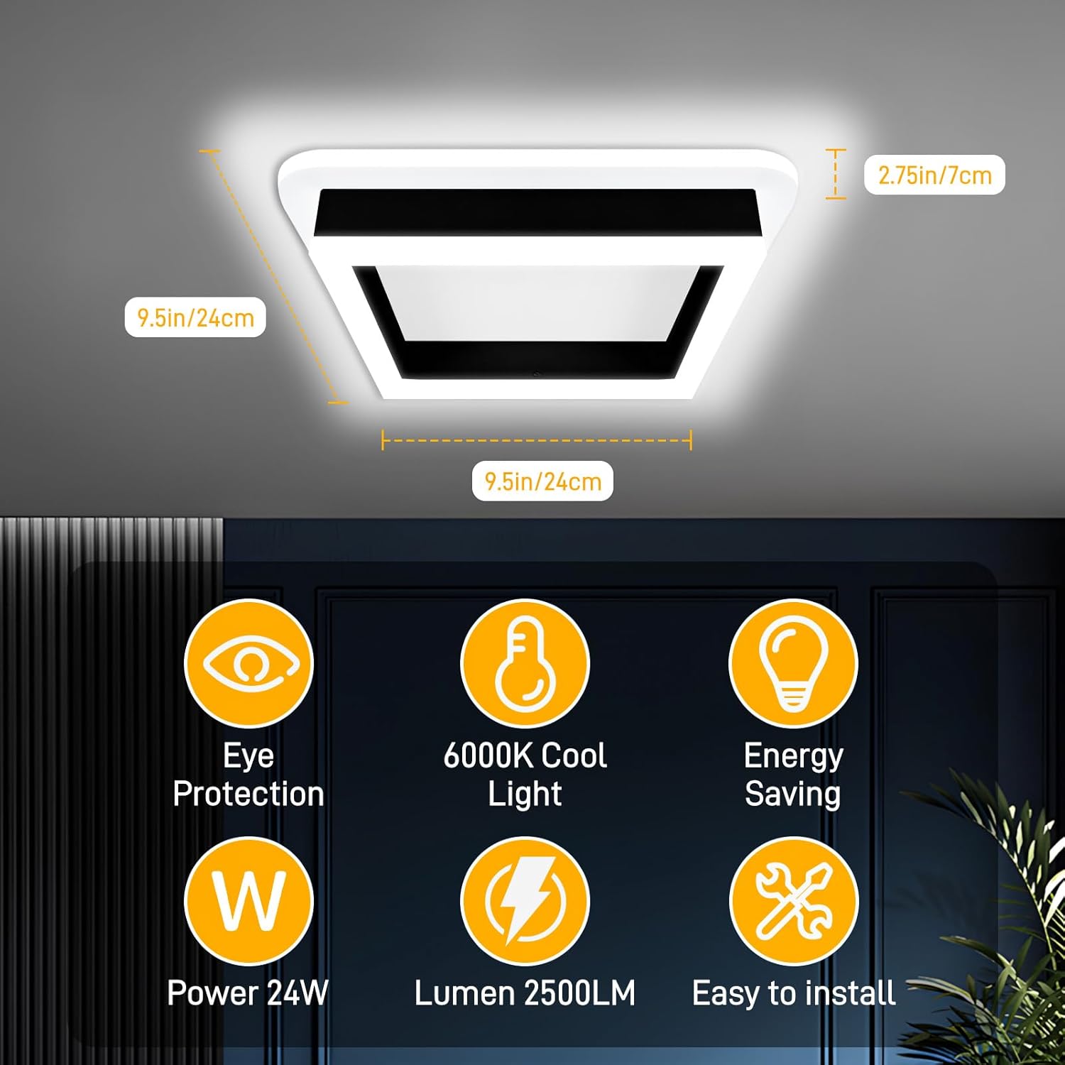 24W Square Modern Flush Mount Ceiling Light, 9.5inch LED Close to Ceiling Lamp for Living Room Bedroom Kitchen Garage Balcony Cloakroom Hallway Light Fixtures Black&White 6500k
