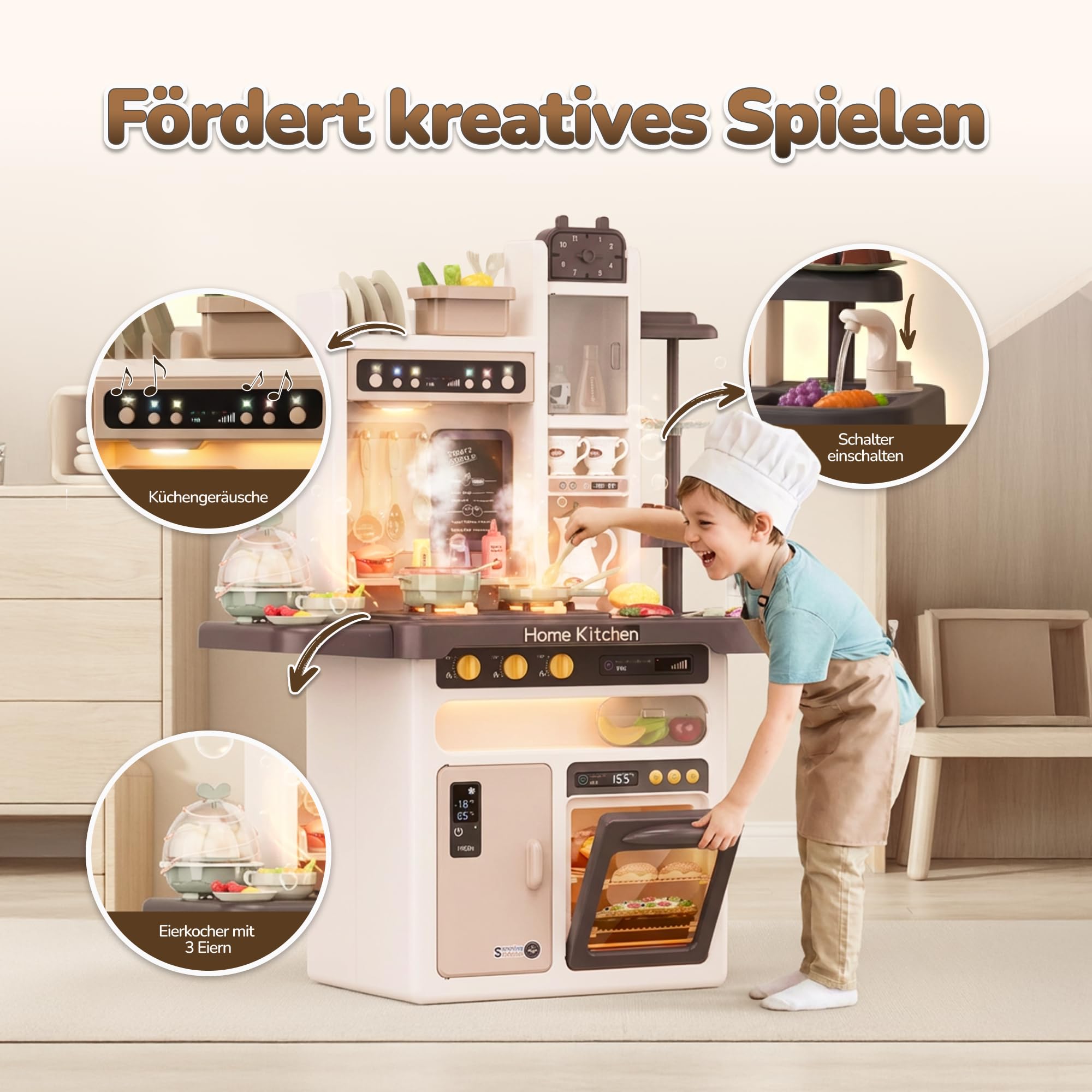 Kinderplay zestaw kuchenny, kuchnia dla dzieci - światło, woda, para, dźwięk, akcesoria kuchenne, KP3297