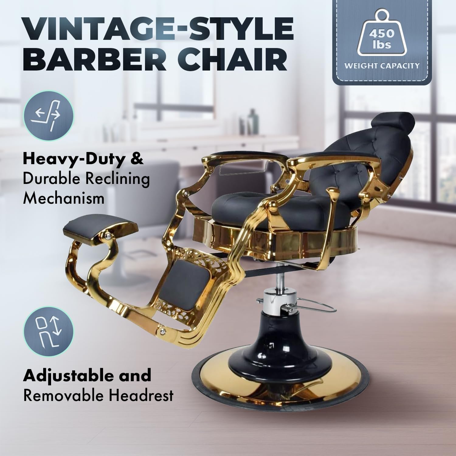 Buy-Rite Caesar Gold Professional Barber Chair - Vintage-Style Gold Steel Frame, Tufted Cushions, Padded Armrests, Flip-Style Footrest & Heavy-Duty Hydraulic Base, YLG-8779-GOLD-1