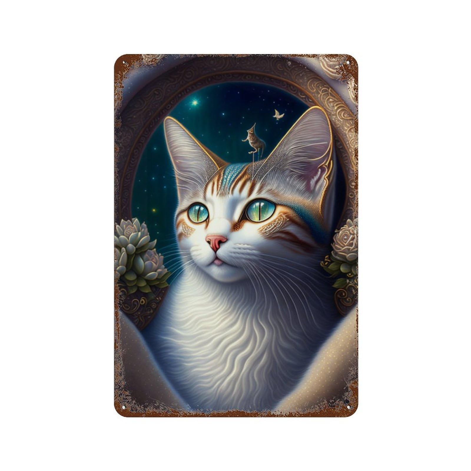 Rusty Metal Tin Sign Enchanted Celestial Cat Art Print 11.8"x7.9", Vintage Wall Decor for Shed, Workshop And Garage Wall Decor