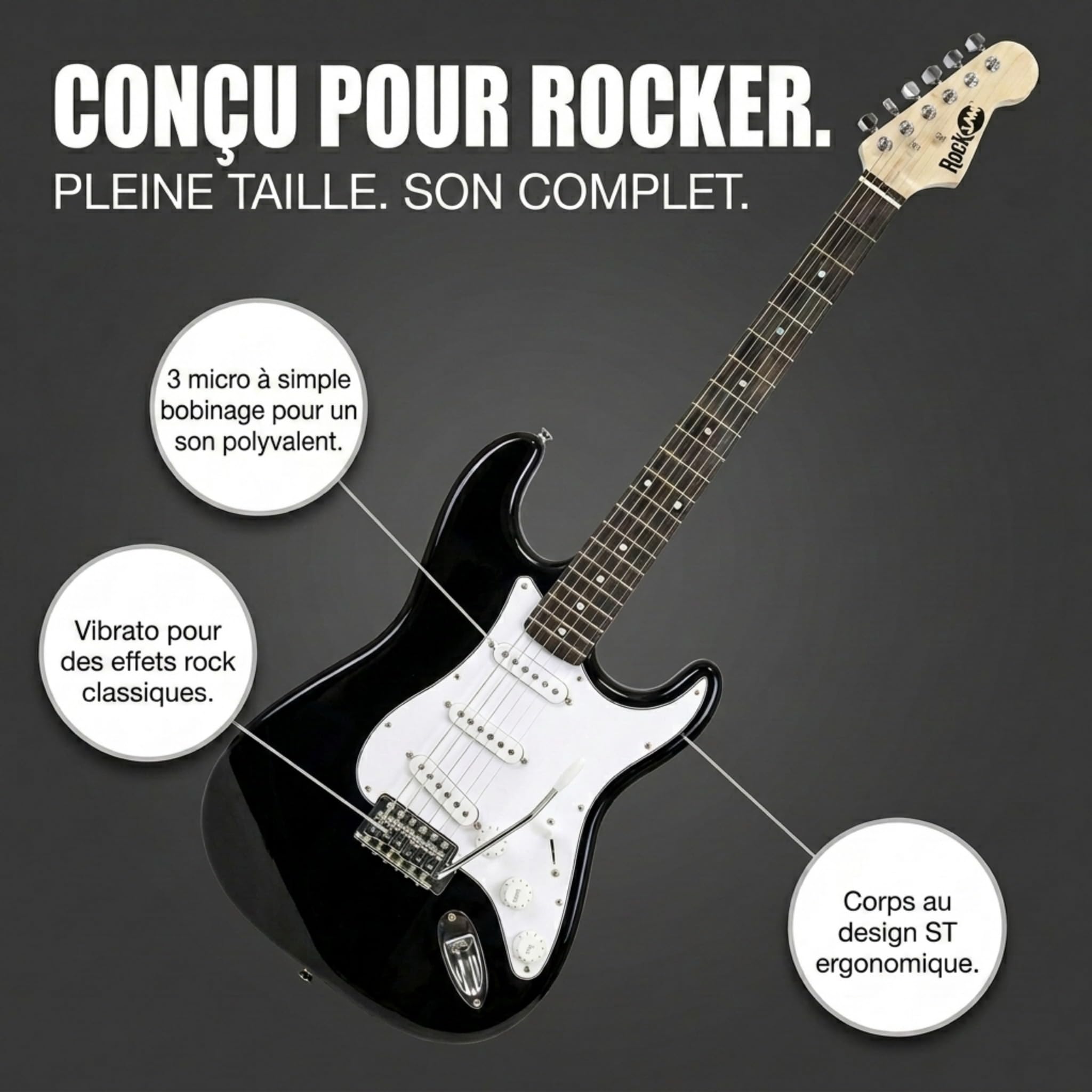 RockJam Kit Guitare Électrique Taille Standard pour Débutants, Noir, 6 Cordes avec Ampli 10 W, Housse, Sangle, Câble, Médiators et Vibrato
