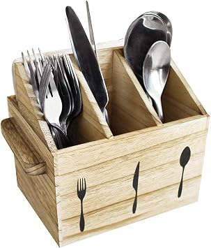 Ikee Design Rustic Elegant Wooden Flatware Organizer Caddy, Oak Color, 7W x 5.5D x 6.63H