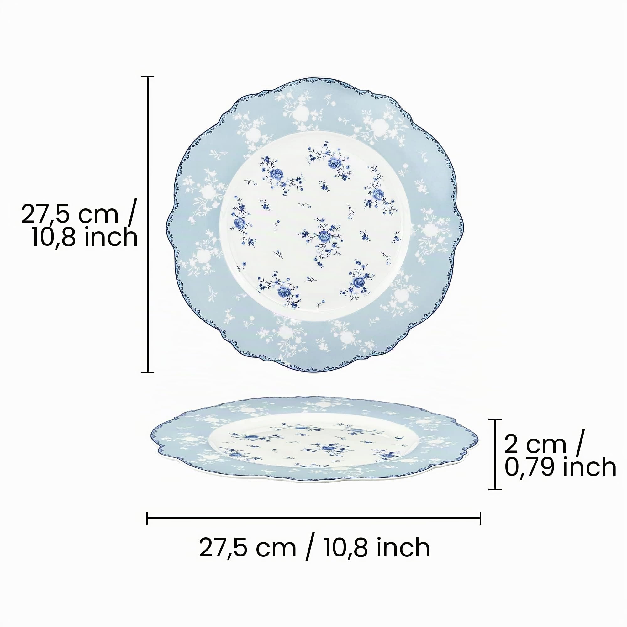 fanquare 4 Stück Blau und Weiß Porzellan Speiseteller Set Ø 275 mm Frühling Blumen Geschirrset, Vintage Keramik Tafelservice