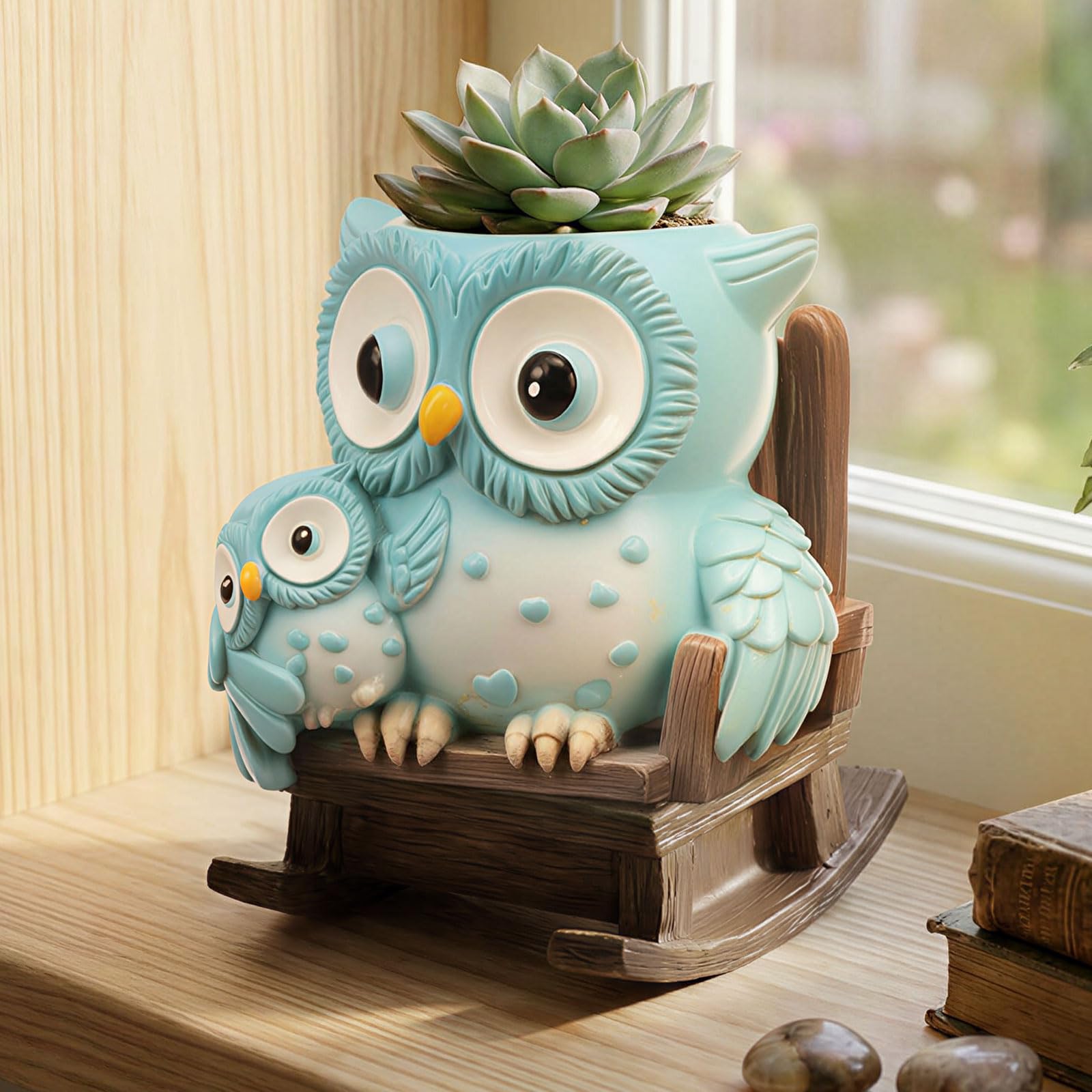 shaojian Cute Succulent Pots Unique Small Plant Pots with Drainage Hole, Rocking Chair Planter for Outdoor Indoor Plants, Resin Flower Pot for String of Pearls Succulent Cactus(Blue Owl & Chair)