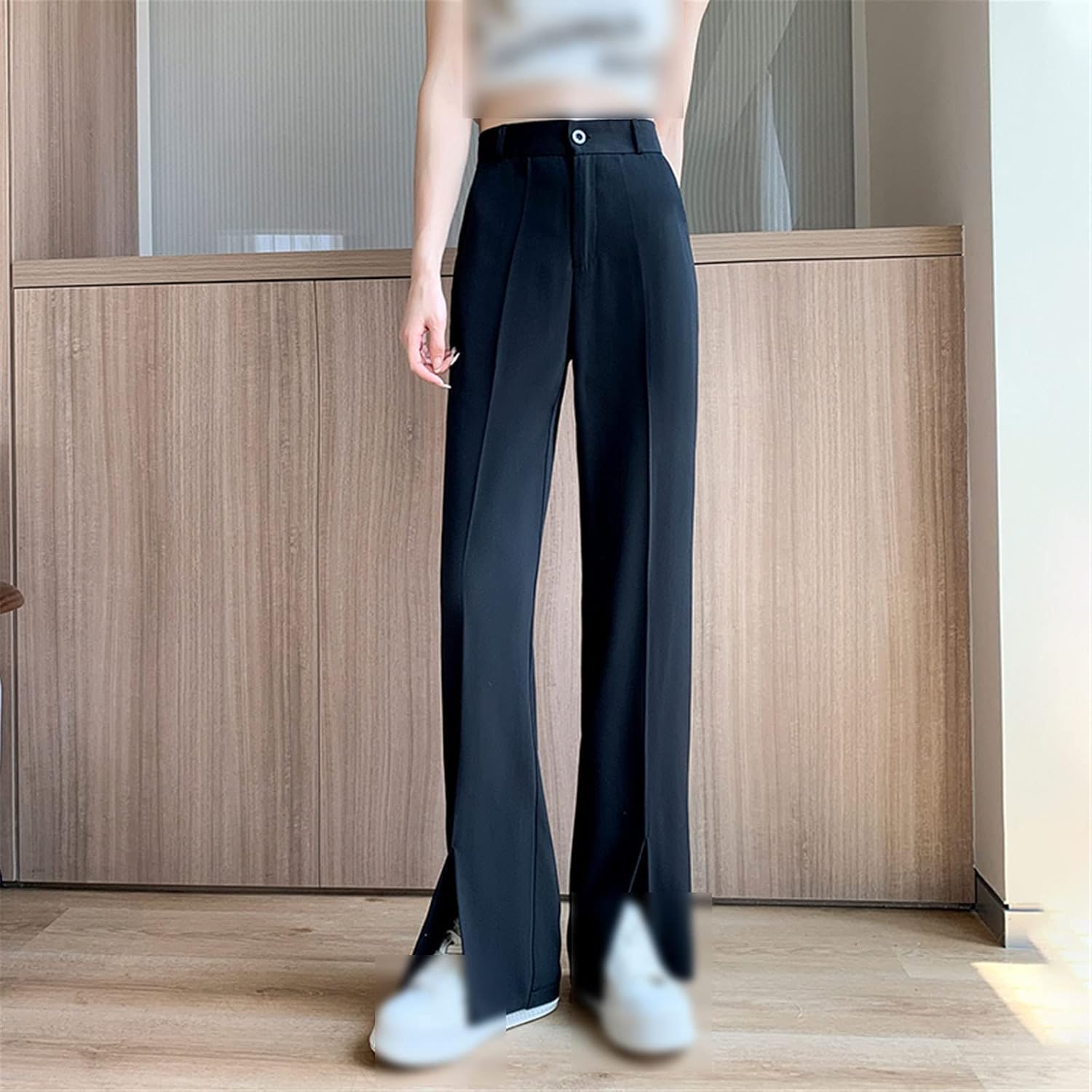 Kelsiop Women's Front Slit Pants Fashion Office Long Straight Leg Pants Elastic High Waist Pencil Loose Trousers