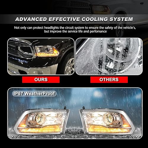 Miniatura 4 de Nixon Offroad Conjunto de faros delanteros para Dodge Ram 1500 2500 3500 2009-2018, proyector de haz alto y bajo con señales de giro ámbar LED,