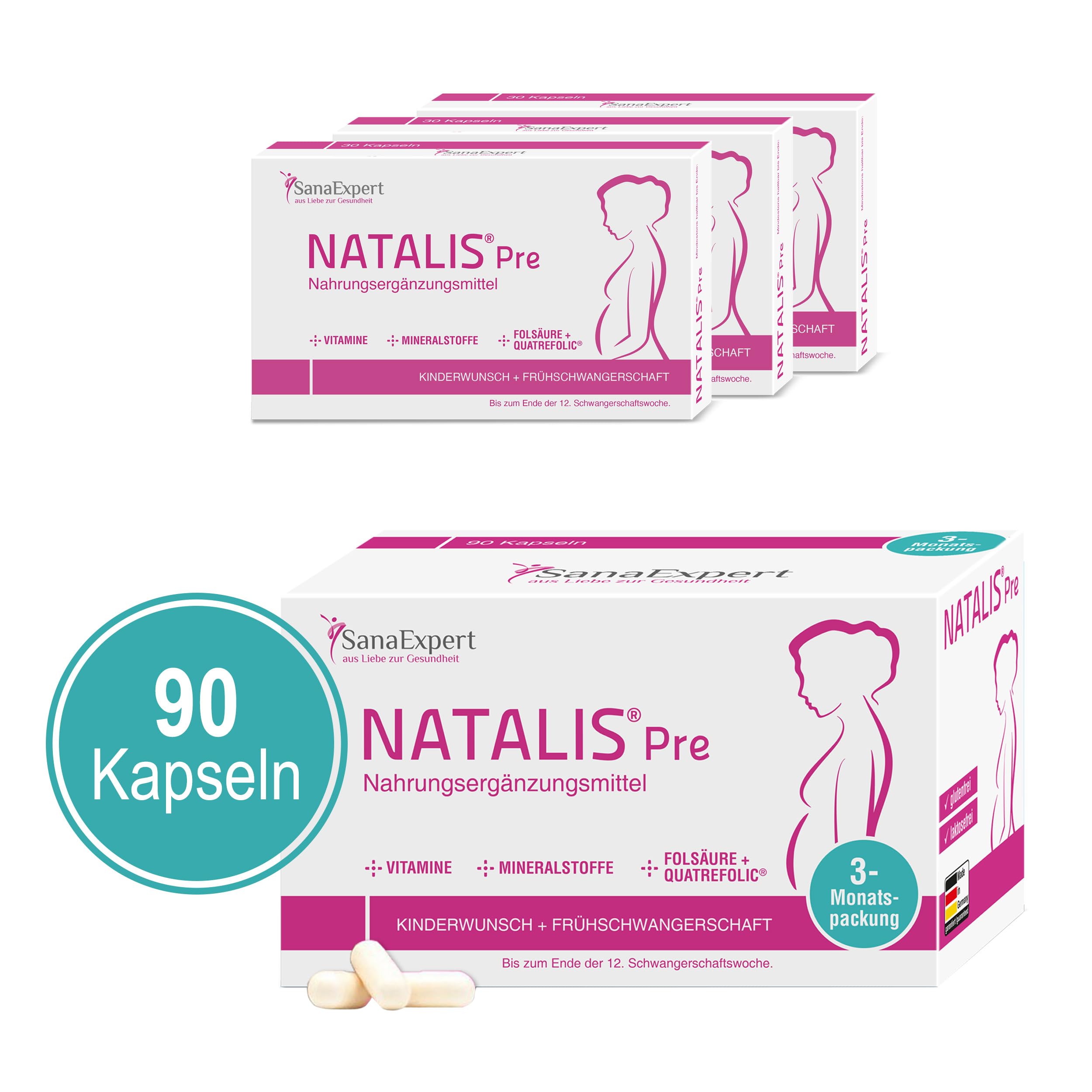 Natalis Pre Pack 3, Integratore Gravidanza Per La Fertilità Precoce Con Acido Folico, Quatrefolic, Ferro E Vitamine Donne, 30 Capsule (ogni confezione) - SanaExpert