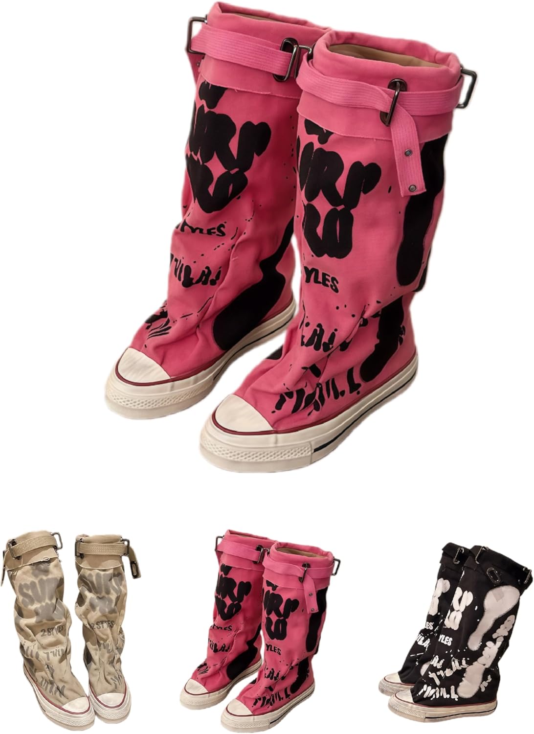 Women's Fashion Knee-High Boots-Graffiti Print Canvas with Buckle Design-Round Toe-Breathable Lining- Distressed Sole-Versatile Stylish Footwear for Daily & Streetwear.
