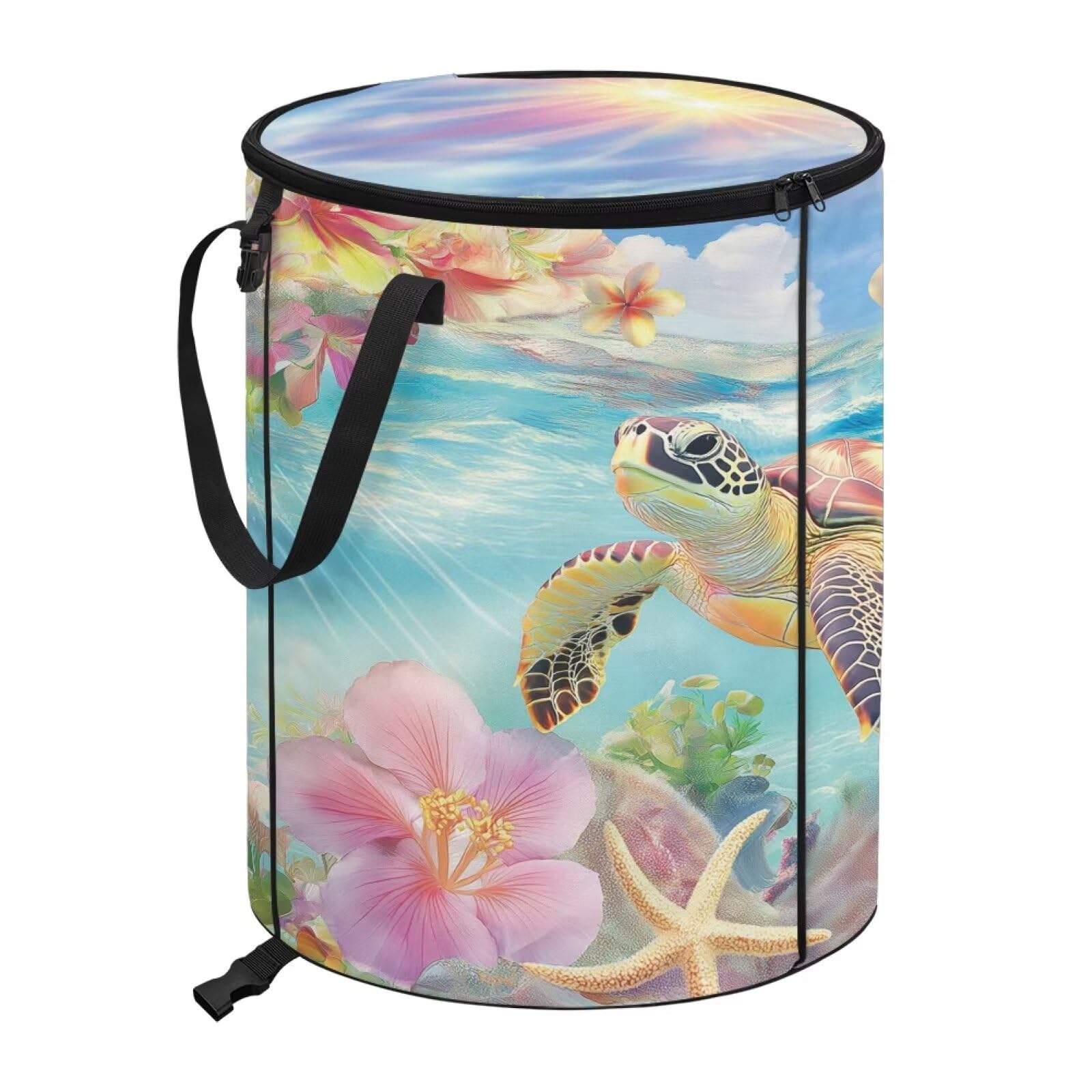 YUVAMAGIMO Floral Turtle 24 Gallons Collapsible Camping Trash Can with Lid Waterproof Pop Up Garbage Can for Outdoor Large Capacity Reusable Trash Bin for Yard Lawn Garden Garbage Bag