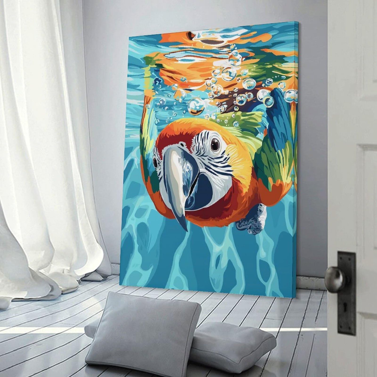 Junmoney Wall Decor Canvas Print Macaw Parrot Swimming Underwater Illustration, 20x30inch(50x75cm), for Bedroom, Lounge Or Dressing Area, Stylish Decor for A Restful Room Update
