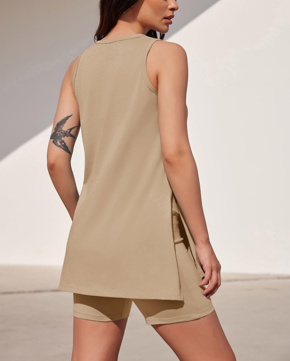 Esobo Women's Summer 2 Piece Outfits Sleeveless High Low Spilt Hem Tank Top Biker Shorts Sets Lounge Set Tracksuit - Image 2