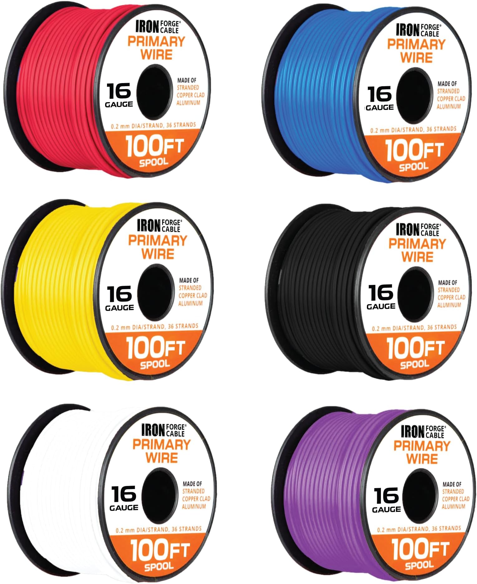 Iron Forge Cable 16 Gauge Primary Automotive Wire - 6 Roll Assortment Pack - 100 Ft of Copper Clad Aluminum Wire per Roll - for Home or Automotive
