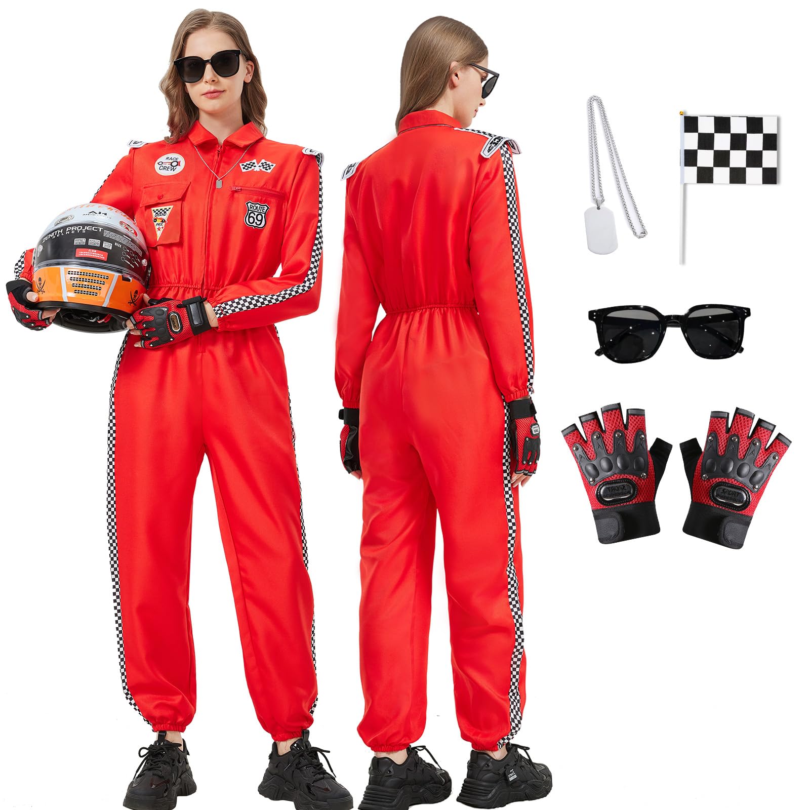 Charmofun Rennfahrer Kostüm Damen, Rennfahrer Anzug Overall Jumpsuit für Erwachsene, Racer Overall Rennwagenfahrer Kostüm mit Handschuhen, Sonnenbrille für Karneval