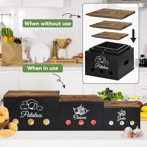 Miniatura 4 de Contenedor de almacenamiento de papas y cebollas, recipientes de almacenamiento de madera y ajo para encimera de cocina, 3 piezas de ajo, papas y