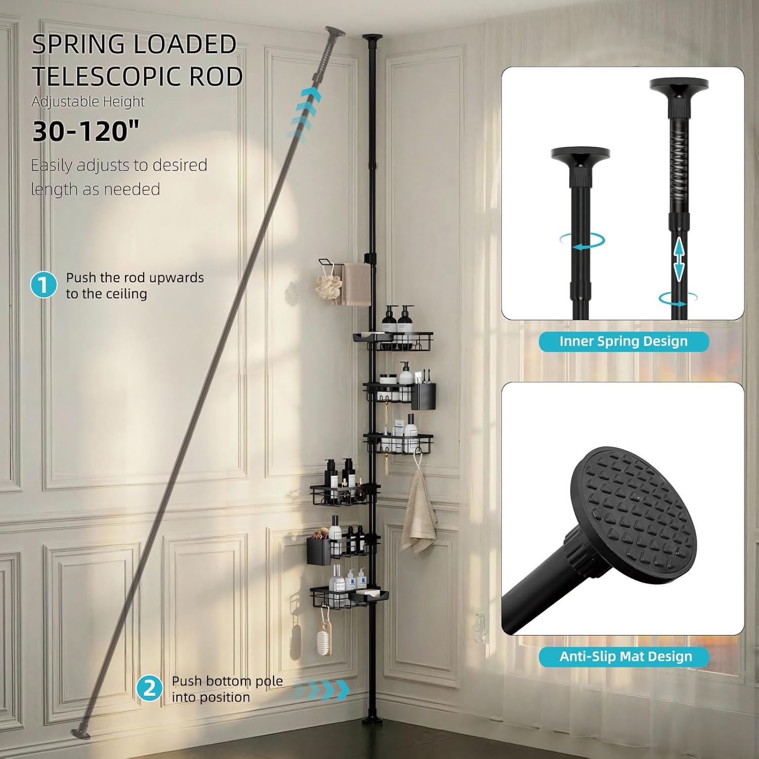 Corner shower storage pole, six-tier bathroom storage rack, height adjustable 30-120 inches, black carbon steel, with toothbrush cup, soap dish, towel storage pole, razor holder, hooks.
