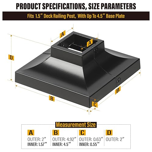 Miniatura 4 de Cubierta de base de poste de cubierta de aleación de aluminio (poste de 1.5 x 1.5 pulgadas, base de 4.5 x 4.5 pulgadas), para pasamanos, escaleras,