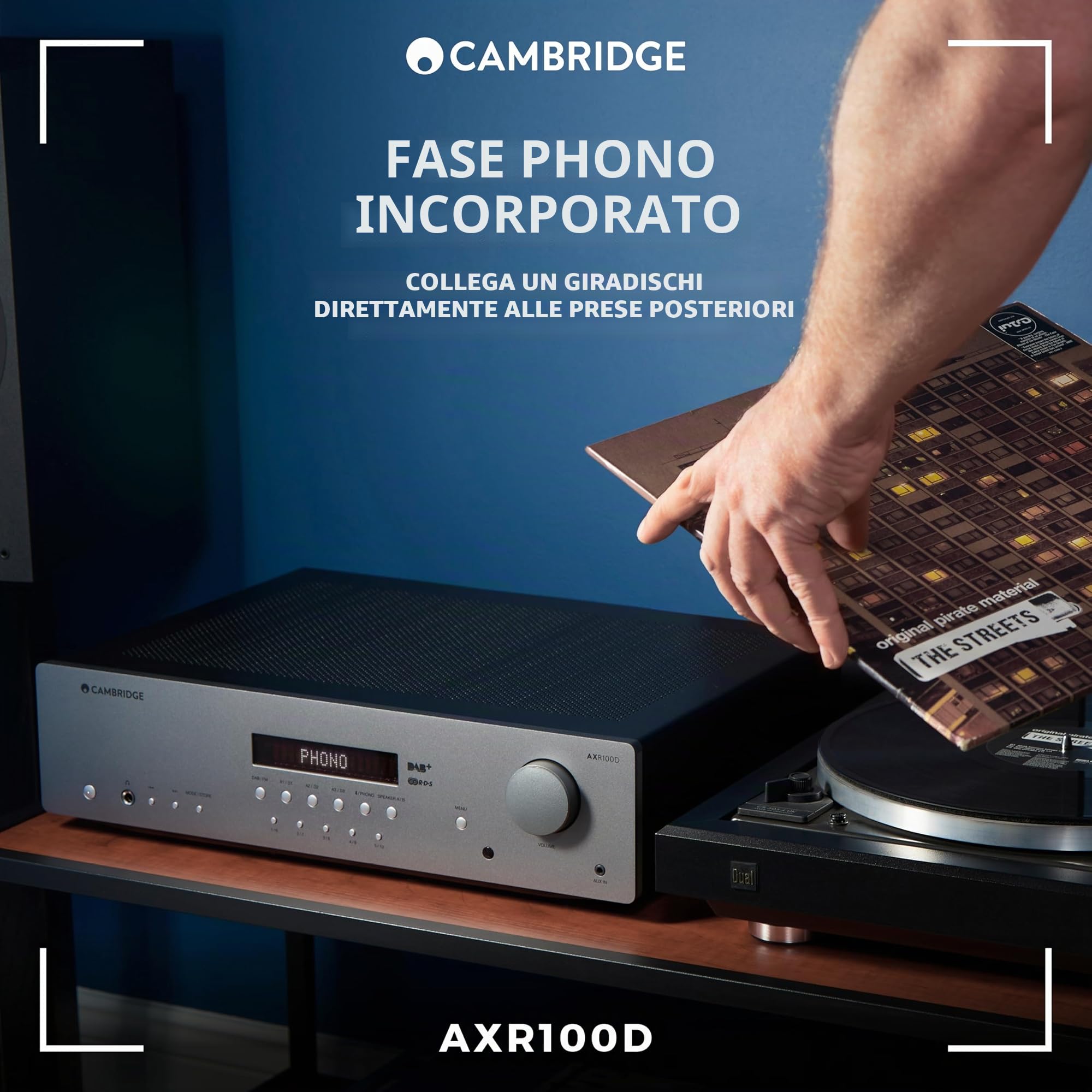 Cambridge Audio AXR100D - Ricevitore Hi-FI stereo separato da 100 Watt con stadio Phono integrato, Radio Dab/FM e Bluetooth 5.0 - Grigio Lunare