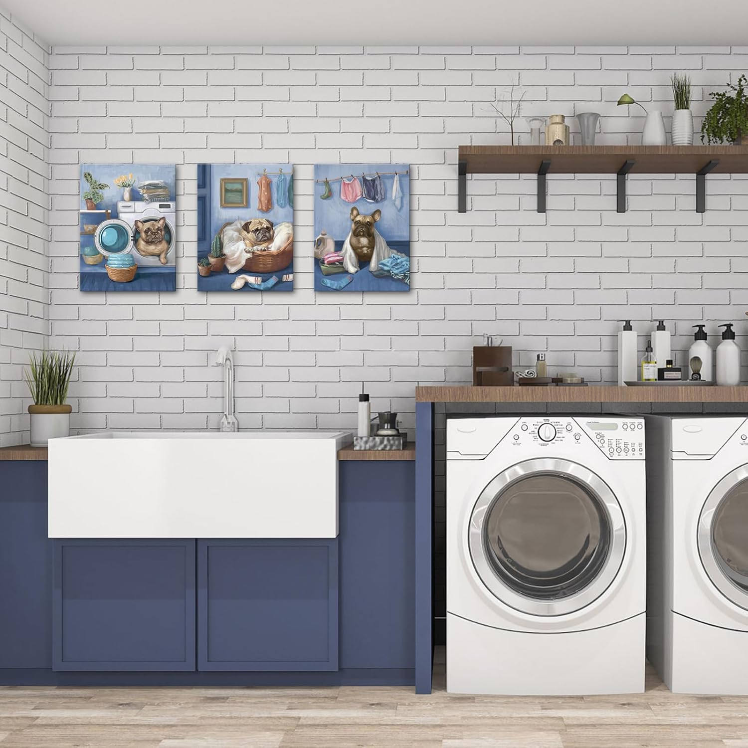 Conipit Laundry Room Canvas Wall Art Funny Dog Painting Prints Vintage Laundry Dog Artwork Decor for Laundromat Dry Cleaning Store Framed (Small, blue)