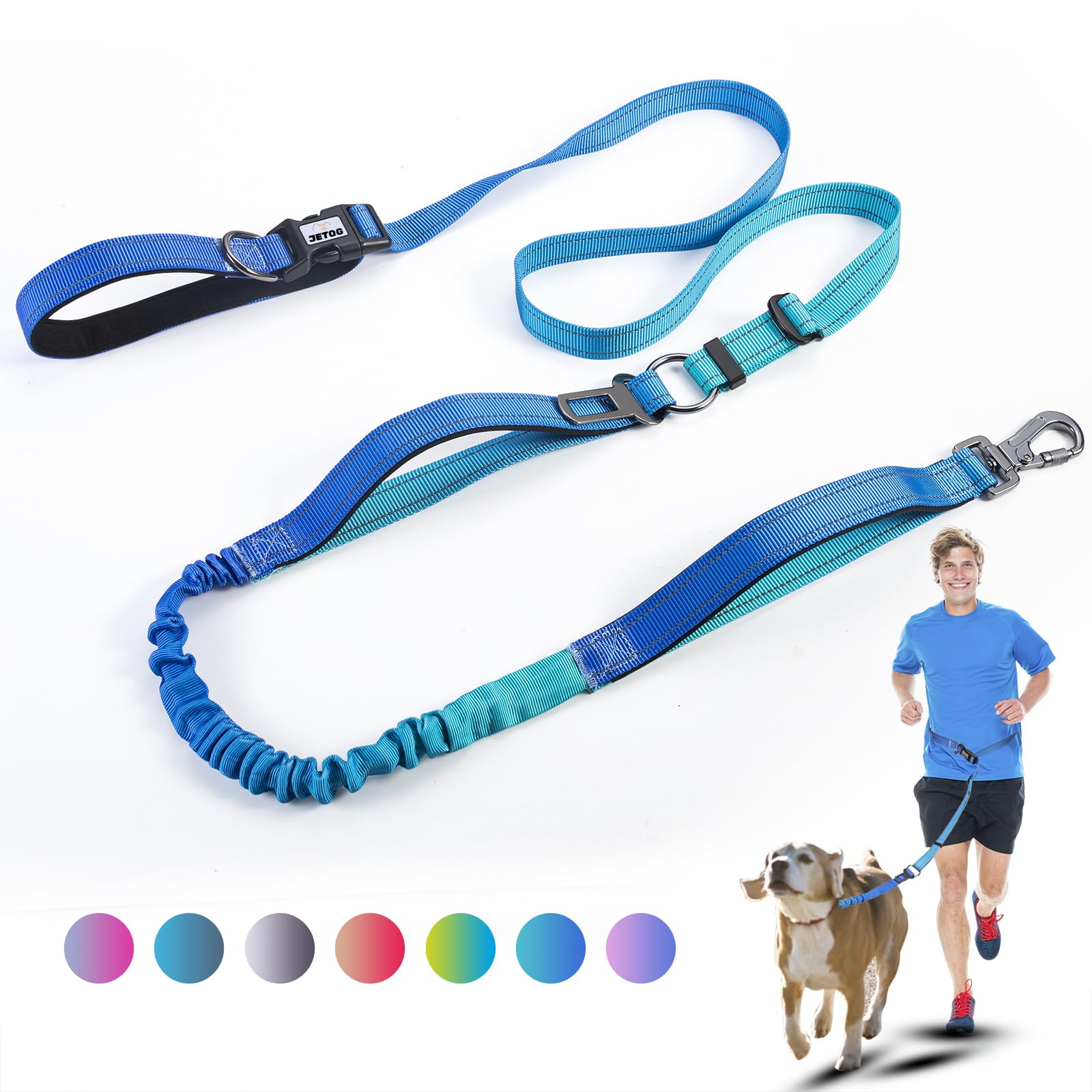 Correa de perro resistente manos libres, cinturón reflectante ajustable de 5 a 7 pies con asas acolchadas, elástico que absorbe los golpes y cinturón de seguridad para perros grandes y medianos