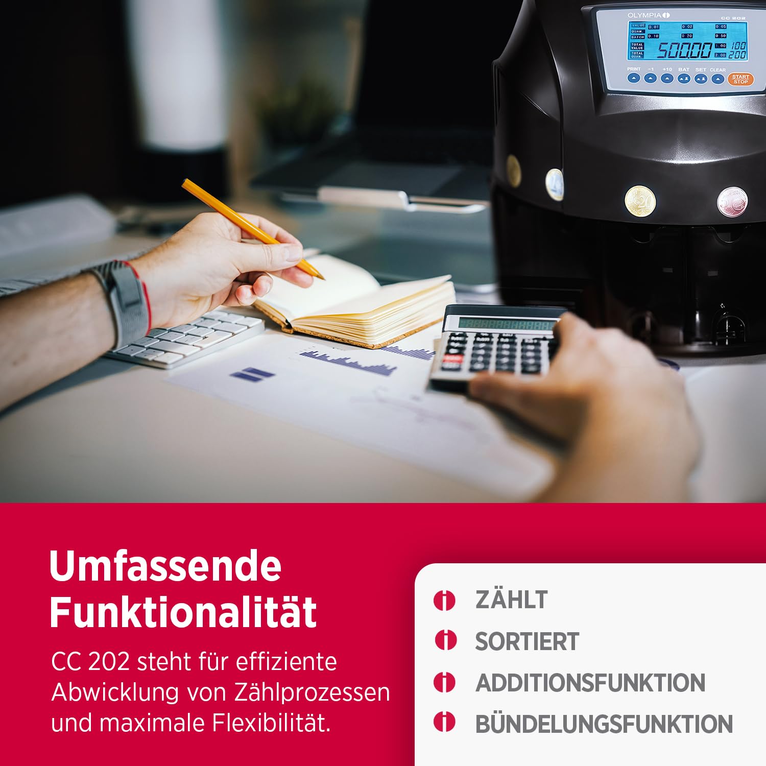 OLYMPIA CC 202 Münzsortierer | Geldzählmaschine für Münzen | Münzzähler & Sortierer für Euro-Münzen | Elektronischer Kleingeld Zähler mit LCD-Display | Zählmaschine mit Additionsfunktion & Bündelung