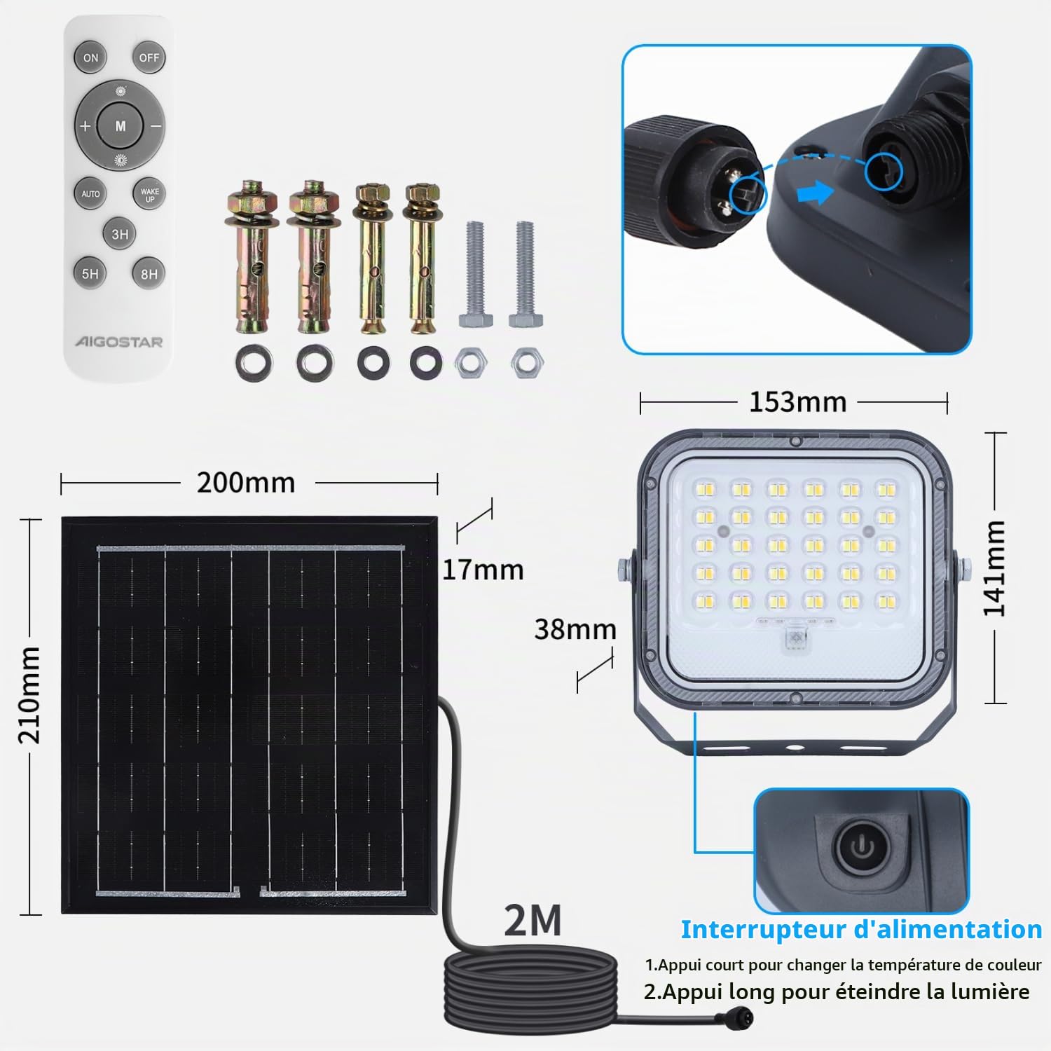 Aigostar - Projecteur Solaire LED d’extérieur avec Grande Panneau Solaire, 2 pièces,Dimmable 3000/4000/6500K,4000mAH,Batterie de Grande Capacité,IP66,Lampe Solaire pour Jardin,Porte,2M Câble.