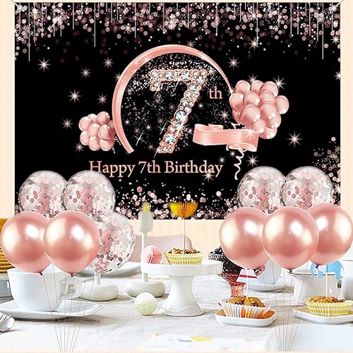 Miniatura 3 de Cartel de tela para decoración de cumpleaños número 7 para niñas, cartel de tela para fiesta de cumpleaños de niña de 7 años, fondo de foto negro y