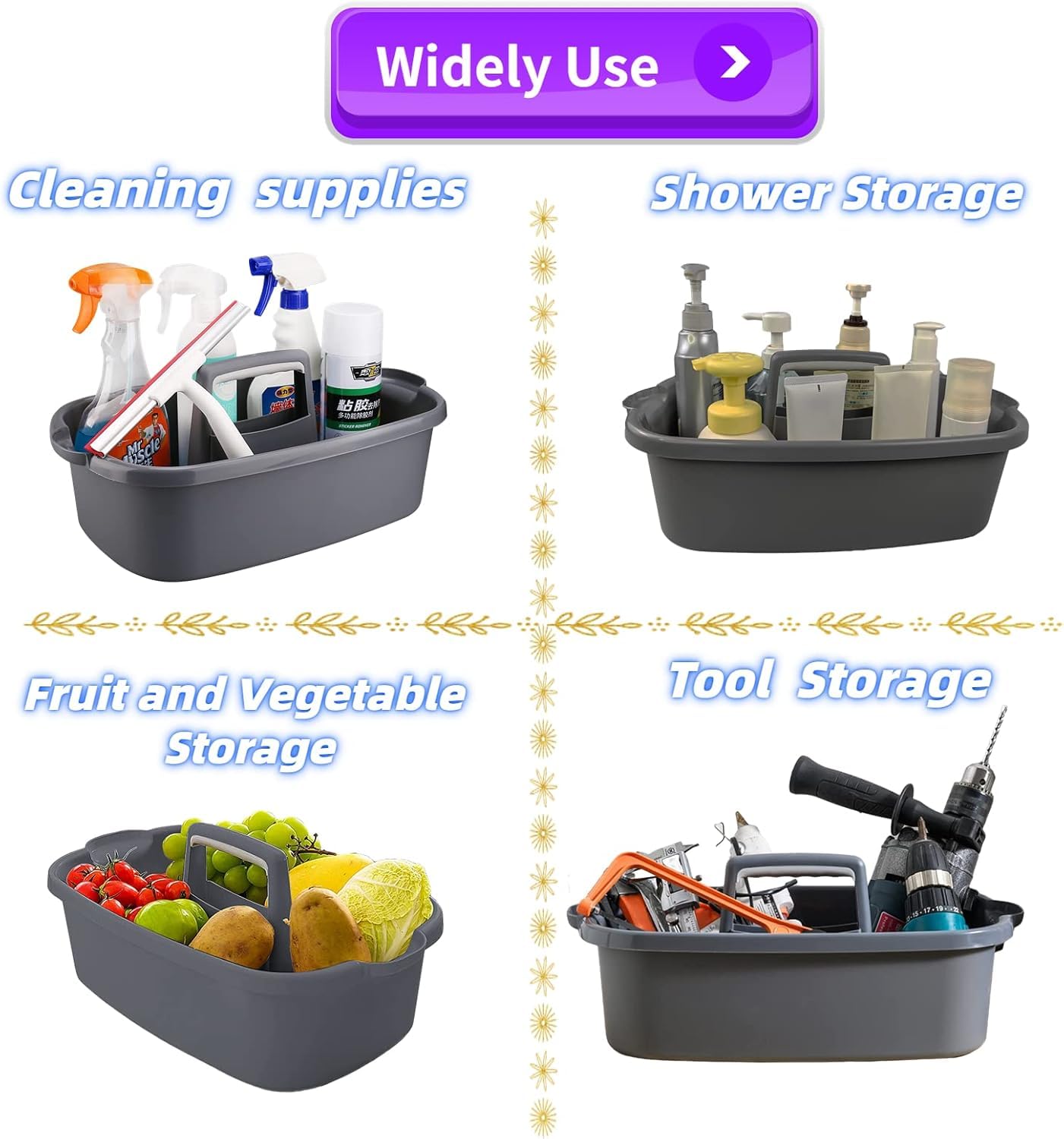 AMPLIN Large Cleaning Supplies Caddy Portable Shower Basket Supply Organizer with Handle Plastic Bucket Tool Storage for Bathroom, Bedroom, Kitchen, College Dorm, Garden, Dark Gray 4