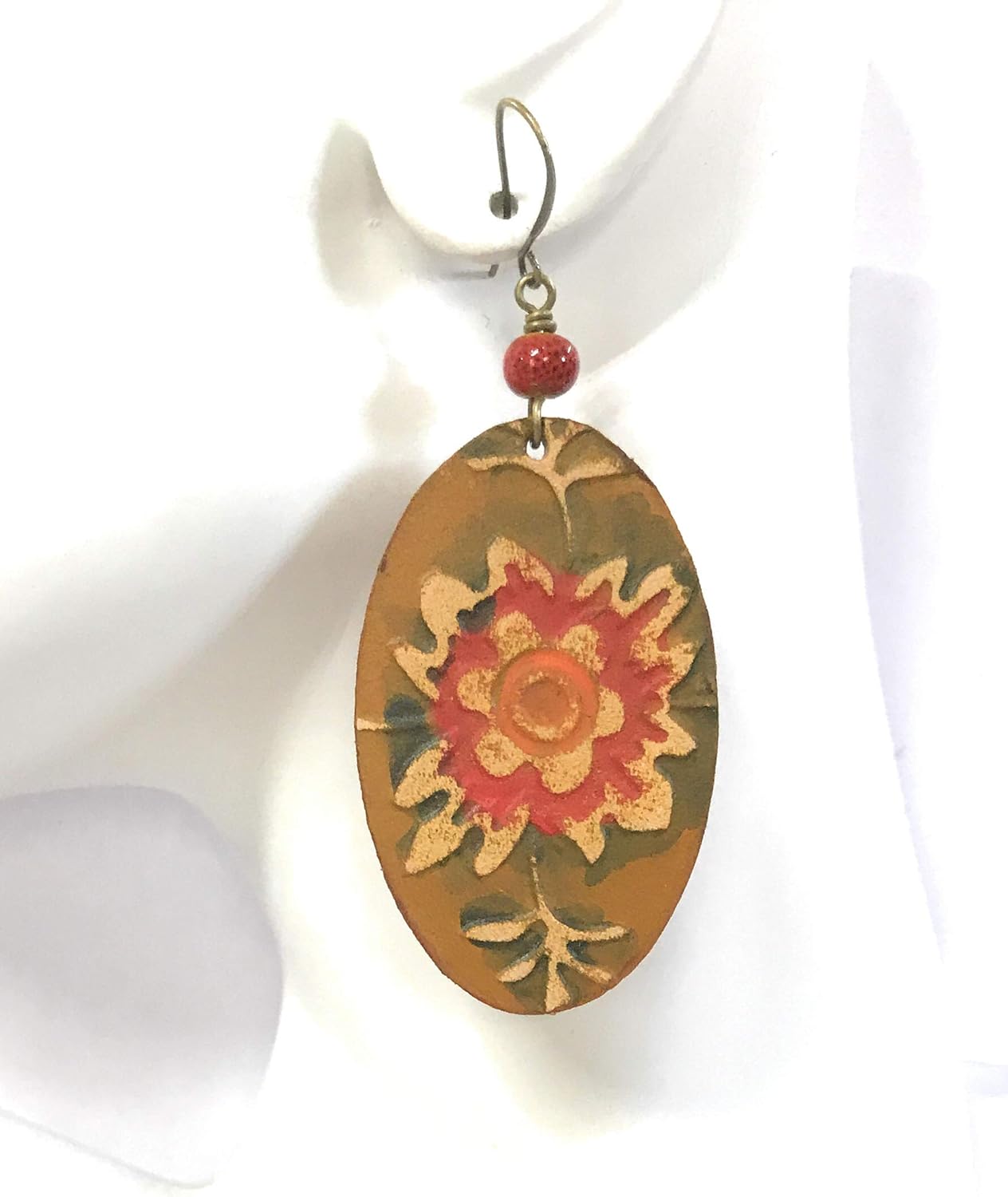 Boho Bold Leather Flower Earrings Oval with Orange Yellow and Green Gift Jewery Ideas for Women Girlfriend
