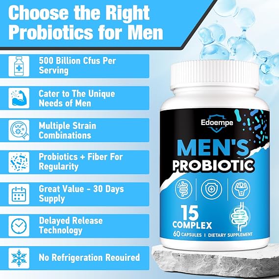 Probiotics for Men, 500 Billion CFUs 12 Strains, Mens Probiotics for Gut Health*, Digestive Health*, Energy, Prostate & Urinary Tract*, with Cranberry, Goji, Turmeric & Amla, Shelf Stable, 60 Caps
