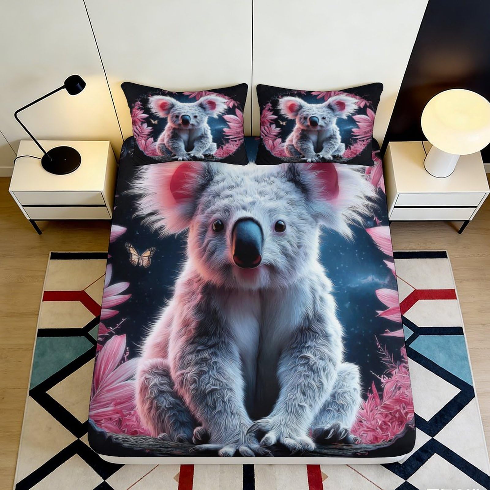 3D Printed Koala Animal Pattern Fitted Sheet Microfiber Elastic Hem Deep Pocket Koala Mattress Fitted Cover Bedroom Washable 180x200x25cm