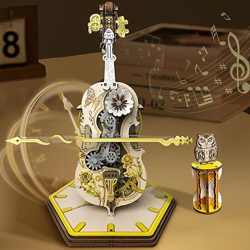 GLMFAN Rompecabezas 3D para adultos, kit de construcción de caja de música de madera, kit de modelo de violonchelo mágico con base, rompecabezas