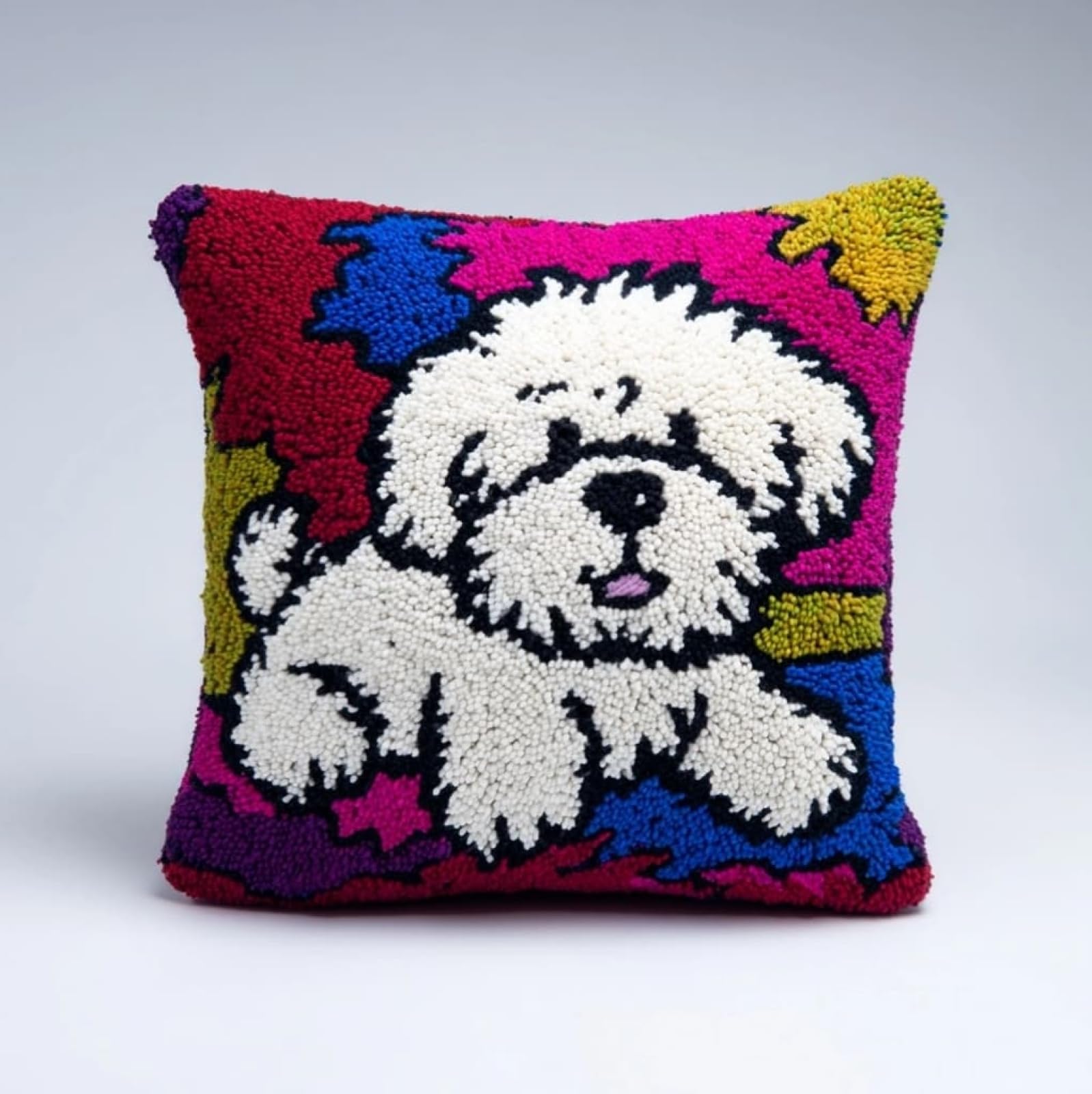 AxiangziK Latch Hook Pillow Kit 17x17in,Bichon Frise Animal Dog Complete DIY Cushion Cover for Adults Beginners,Home Sofa Decor & Family Craft Night Gift